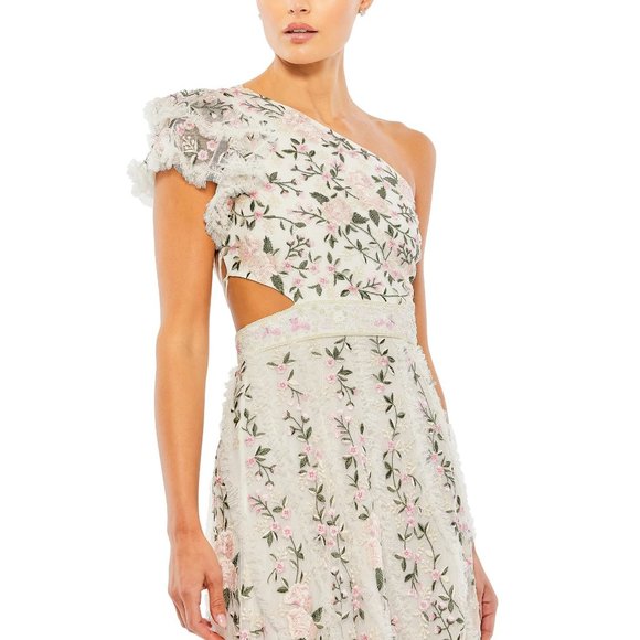 MAC DUGGAL Floral Embroidered Ruffle One-Shoulder Gown in Ivory Size US 6 - Picture 10 of 16